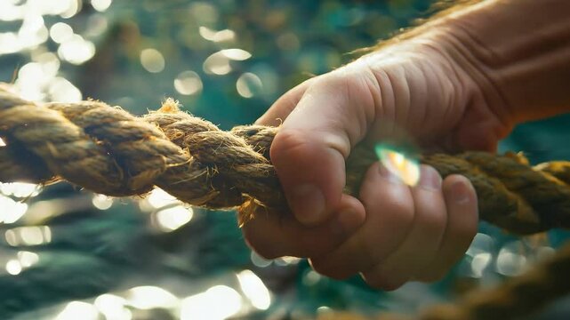 Close up hands conflict tug of war business combative rope fighting determination