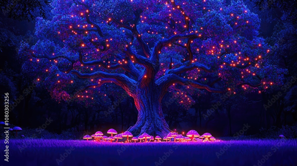 Aufkleber illuminated magical tree with colorful mushrooms in a vibrant mystical landscape.