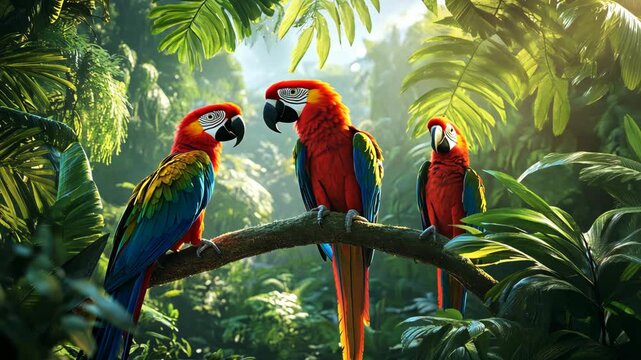 Three colorful macaws perch on a branch in a lush jungle setting, enjoying the morning sunlight