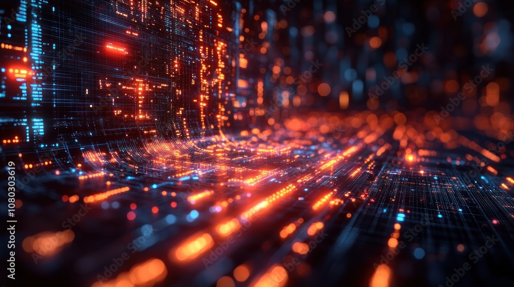 Poster abstract digital landscape with glowing lines and particles.