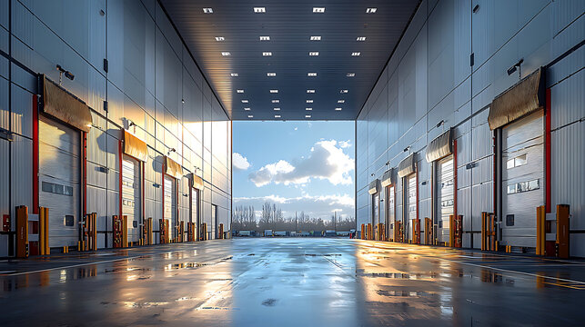 spacious cross docking facility with large loading bays and bright lighting, showcasing goods moving swiftly in clean, modern environment
