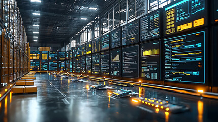 High tech data center with illuminated screens displaying analytics, graphs, and metrics, showcasing advanced technology and efficient management
