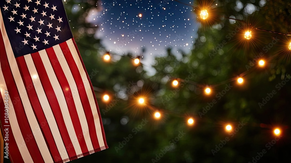 Poster american flag illuminated by string lights against a starlit sky.