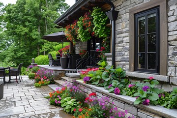 A stone house with a patio, steps, and a variety of flowers.  The patio is furnished with black chairs and a table. The house has a black window and a wooden door.  There is an umbrella on the patio.