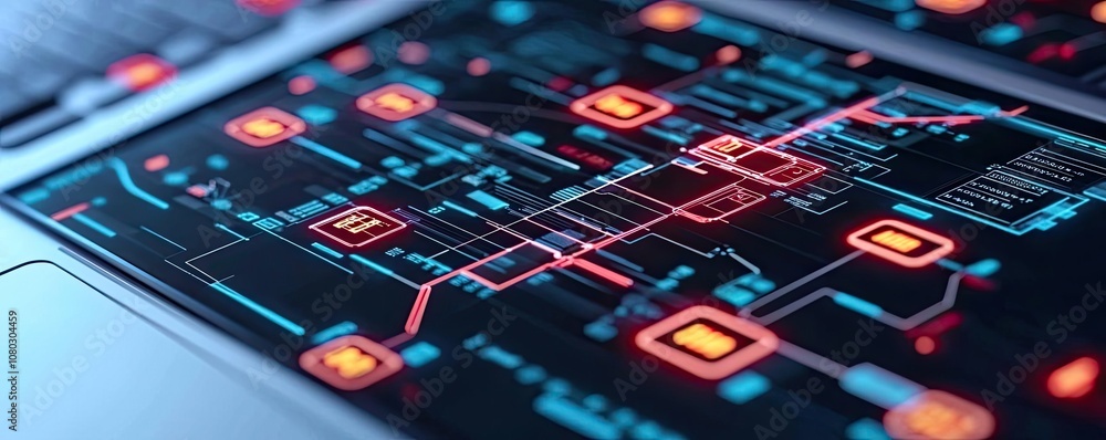 Aufkleber futuristic circuit board design with glowing nodes on a laptop screen.