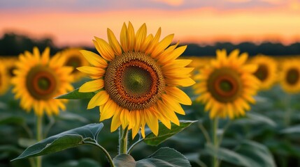 Fototapeta premium Serene Sunset Farm Scene: Golden Sunflowers Against Blue Sky