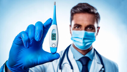 The doctor shows a digital thermometer with clear temperature readings.