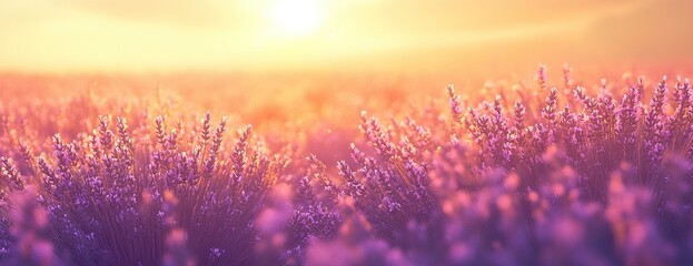 Lavender field at sunset with warm pink and orange hues.