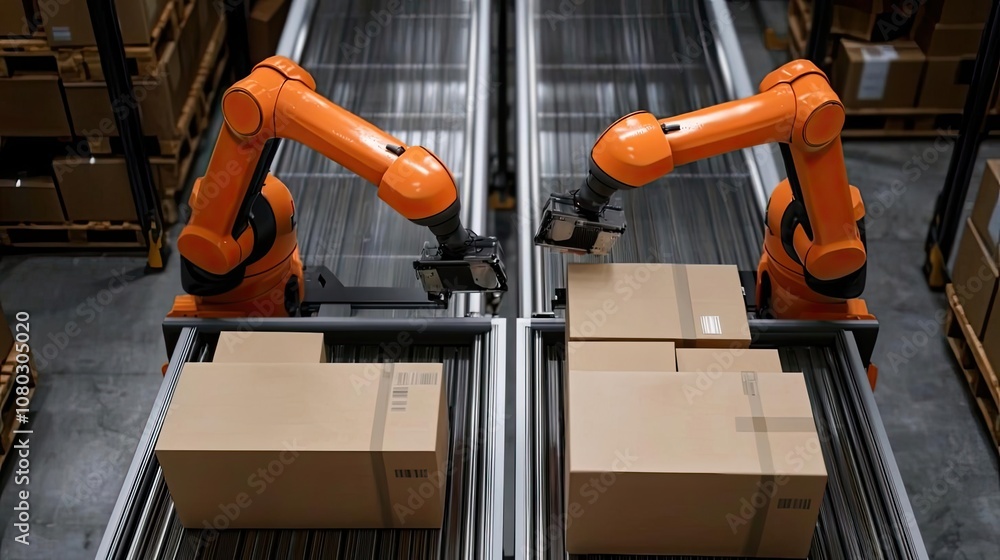 Poster Robotic arms sorting boxes efficiently in a modern warehouse environment.