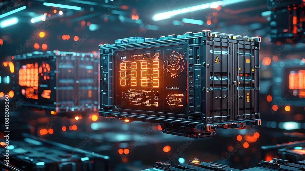 Poster Futuristic storage container in a digital space with glowing data panels.