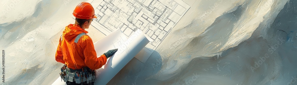 Poster architect analyzes large blueprint to guide construction progress and design plans