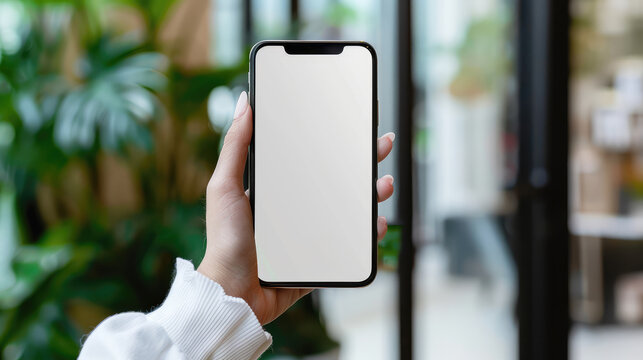 person holding smartphone with blank screen in green indoor setting, surrounded by plants, conveying sense of modern technology and connectivity