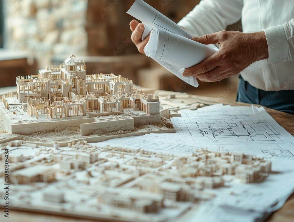 Poster architect demonstrates innovative design concepts holding blueprints while gesturing towards future 