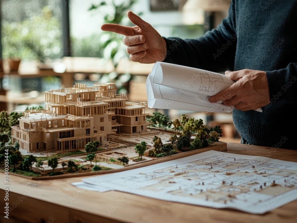 Poster architect engagingly presents blueprints while gesturing towards innovative building design