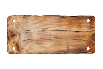 Rectangular wooden board, badge with rounded, chamfered corners. Plaque with four circular holes, natural wood grain, isolated on white. Isolated cutout on transparent or white background.