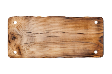 Rectangular wooden board, badge with rounded, chamfered corners. Plaque with four circular holes, natural wood grain, isolated on white. Isolated cutout on transparent or white background.