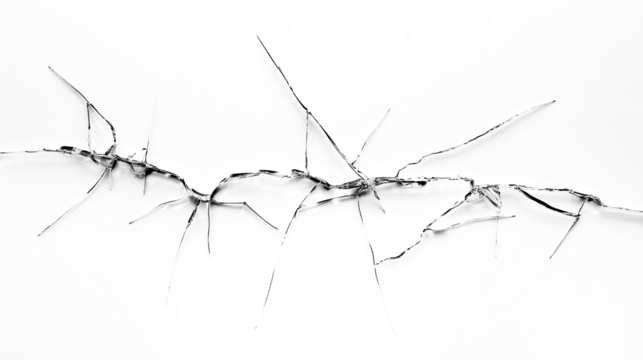 Abstract design of fractured and broken, cracked glass. Isolated cutout template on transparent or white background.