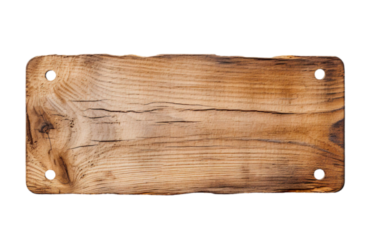 Rectangular wooden board, badge with rounded, chamfered corners. Plaque with four circular holes, natural wood grain, isolated on white. Isolated cutout on transparent or white background. - Powered by Adobe