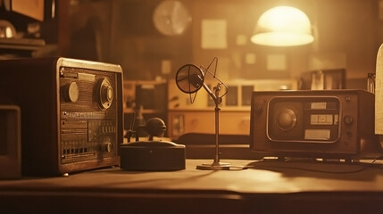 Antique radio with dials and an old microphone, capturing the charm of old-school broadcasting for World Radio Day