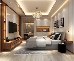 Fototapeta premium 3D Rendering of an Elegant Minimalist Bedroom with Ambient Lighting, and Modern Decor