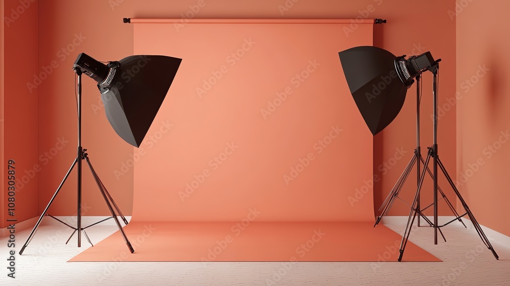 Poster two studio lights with softboxes are set up in front of an orange backdrop.