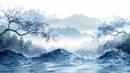 
Traditional Chinese blue and white landscape painting illustration poster background
