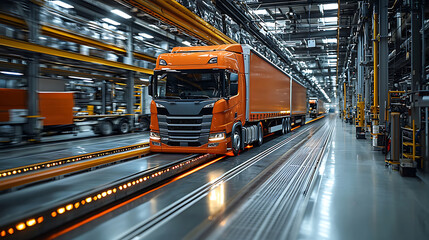 Efficient trucks in modern warehouse, showcasing just in time delivery. vibrant orange vehicles navigate through high tech facility, emphasizing logistics and transportation