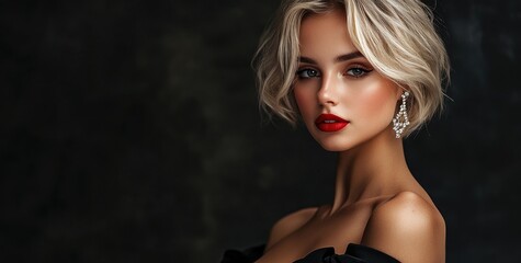 Naklejka premium Stylish blonde woman in a black dress with red lipstick and diamond earrings, posing against a dark background and looking at the camera.