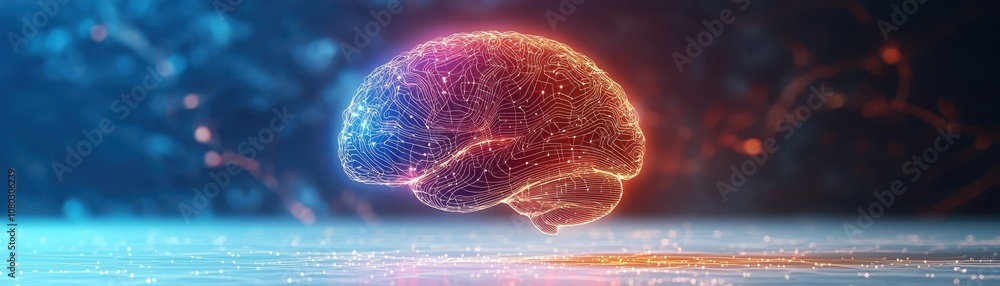 Poster explore the intricate design of an artificial intelligence brain symbol crafted from glowing lines