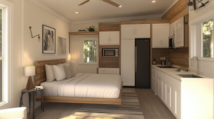 Compact Studio Apartment Bedroom with Wood Accents