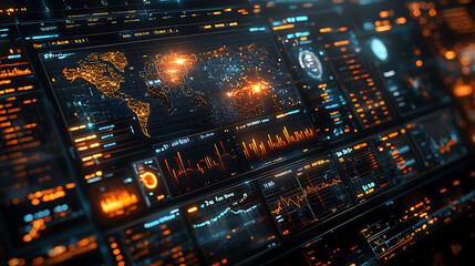 logistics performance metrics dashboard displaying data visualizations, maps, and analytics in futuristic design. interface features glowing elements and vibrant colors