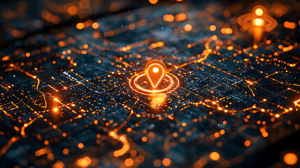 Futuristic map visualization with glowing location markers and data points, showcasing real time shipment tracking and connectivity in digital landscape