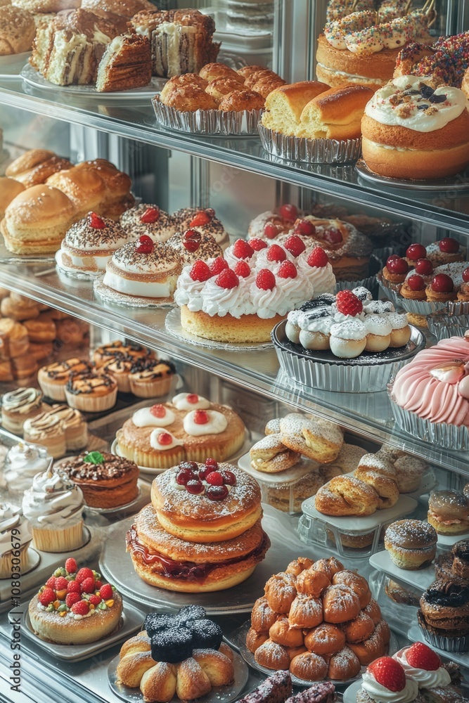 Poster a colorful display case filled with various pastry types