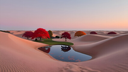 A surreal desert landscape with mirage-like pools of water scattered water scattered across the dunes. sunrise in the mountains generated ai. Sahara-Dünen: Eine majestätische Landschaft erstreckt sich