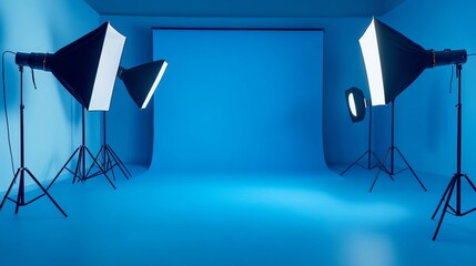 Fototapeta premium A professional photography studio with blue backdrop and three lights set up.
