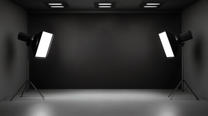 A black photo studio with two lights and a black backdrop.