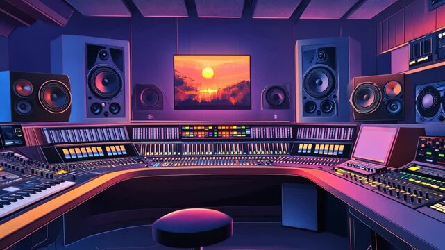 A professional recording studio is shown with a large mixing console and several speakers