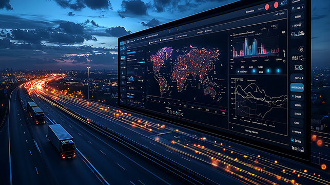 transportation management system interface displays global data analytics, showcasing vibrant maps and graphs against city skyline at dusk