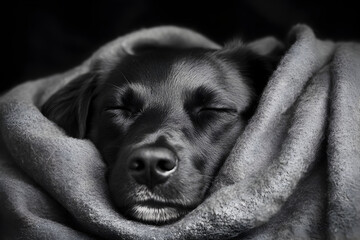 A sleepy puppy cuddled up in a soft blanket, with its eyes half-closed and a peaceful expression. A puppy napping comfortably.



