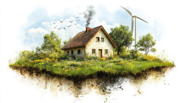 Futuristic house on floating island with wind turbine and birds