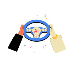 Human And Robot Hands Steering Wheel With AI In Flat Vector Illustration Symbolizing Collaboration Between Humans And AI, Isolated On White Background