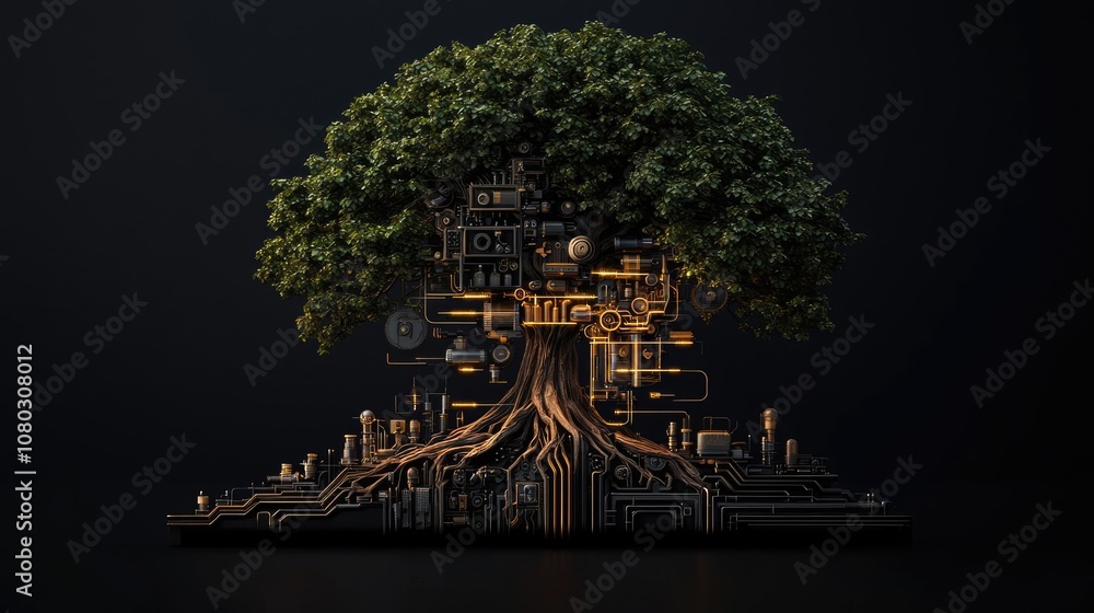 Aufkleber Tree with roots and branches made of circuits against a dark background.