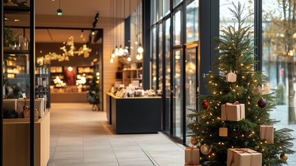 Fototapeta premium A decorated Christmas tree sits near the entrance to a store, inviting customers to enjoy the holiday season