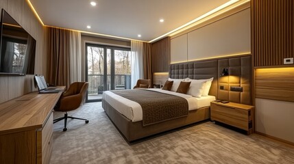Modern Hotel Room with King-Sized Bed, Wooden Accents, and Balcony View