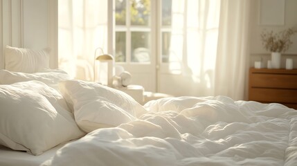 A white bed with white linens and pillows, with sunlight streaming through the window.