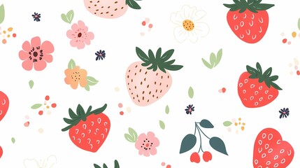 cute pink and white strawberry flowers illustration poster background