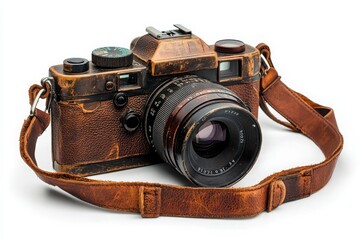 Explore the timeless charm of a classic film camera with lens cap and leather strap