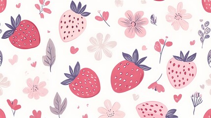 cute pink and white strawberry flowers illustration poster background