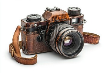 Capture timeless memories with a classic film camera featuring a lens cap and vintage leather strap