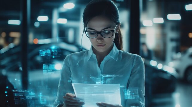 Professional female recruiter analyzing digital resumes on transparent screens, modern car showroom background, soft corporate lighting, business attire